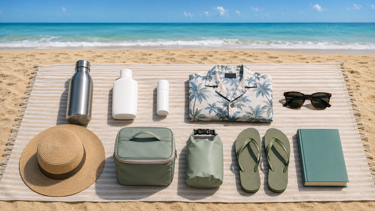 Ten beach essentials arranged on a beach blanket by the ocean