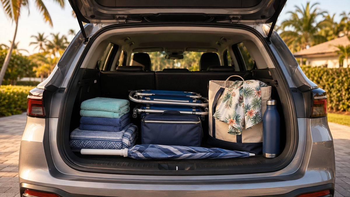 Car trunk packed for a beach day with chairs, cooler, umbrella, and beach bag