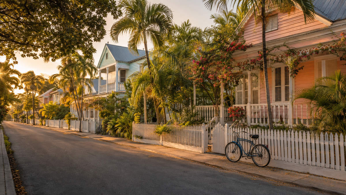 Pastel conch houses and palm trees on a Key West street at golden hour