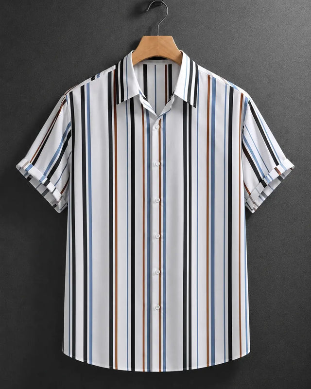 A short-sleeve button-up shirt with vertical stripes in black, white, blue, and brown, hanging on a wooden hanger against a dark gray textured background.