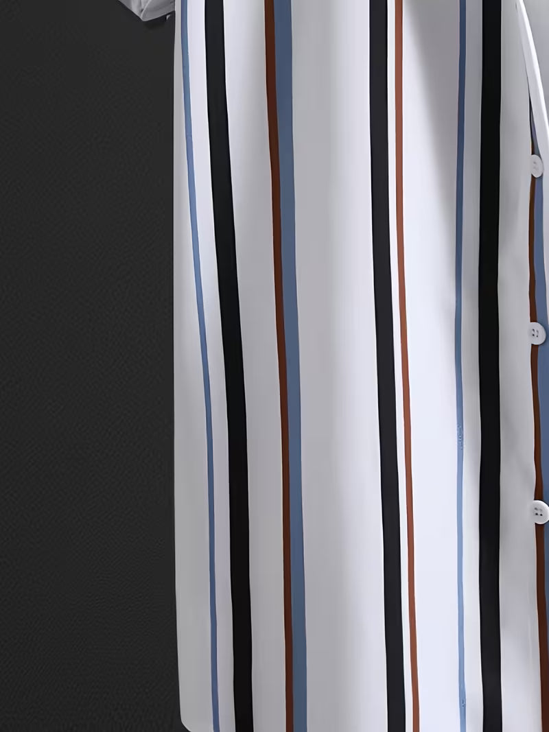 A close-up of a white button-front garment with vertical stripes in black, navy, brown, and light blue, shown against a dark textured background.