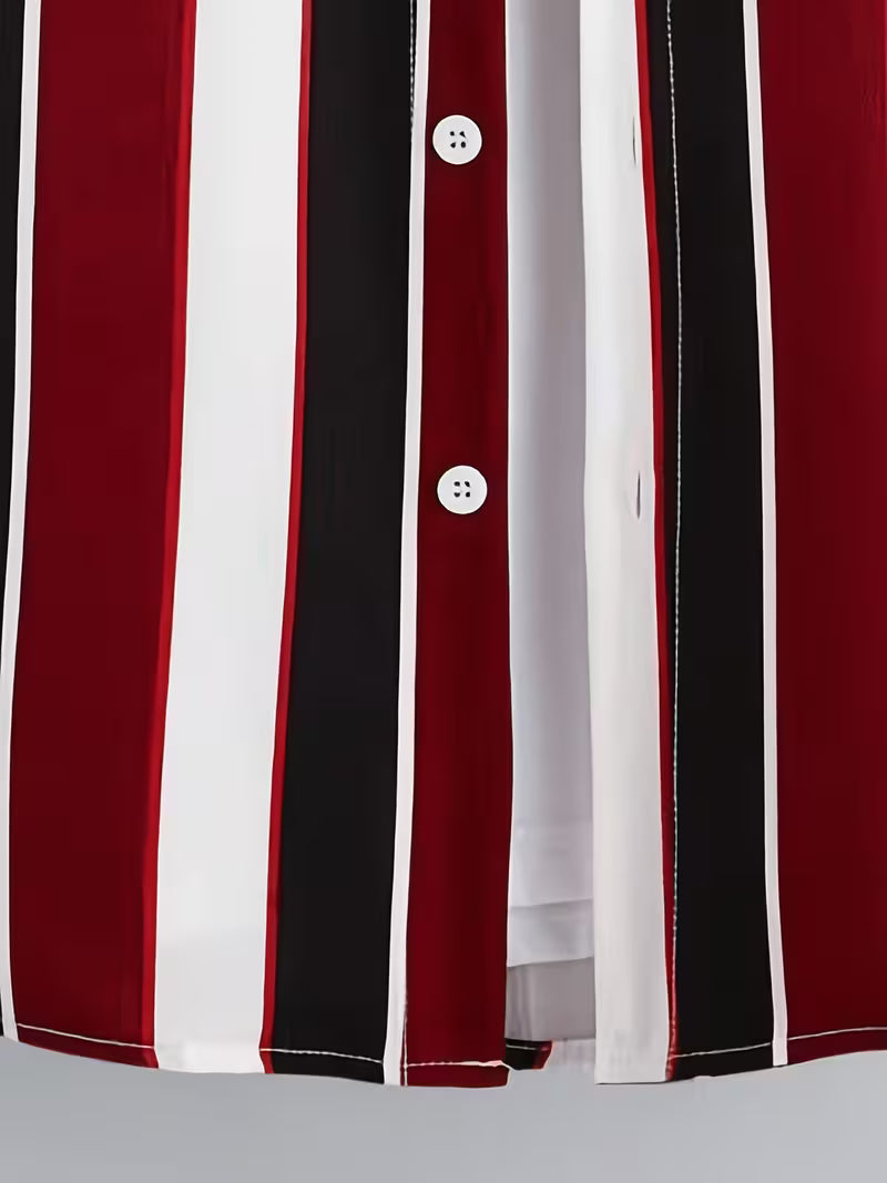 Close-up of a striped button-front garment with vertical red, black, and white stripes, shown against a light gray background.