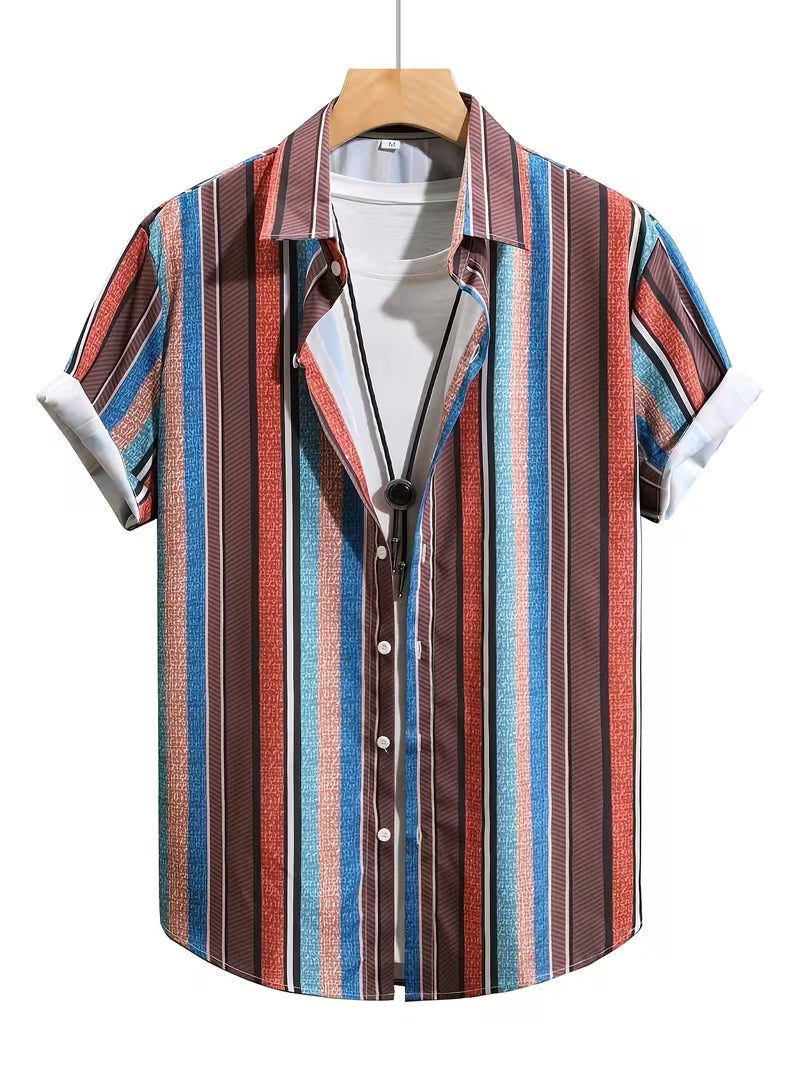 A men's short-sleeve button-up shirt with a vertical striped pattern in brown, red, blue, and white, styled on a wooden hanger over a white t-shirt against a plain white background.