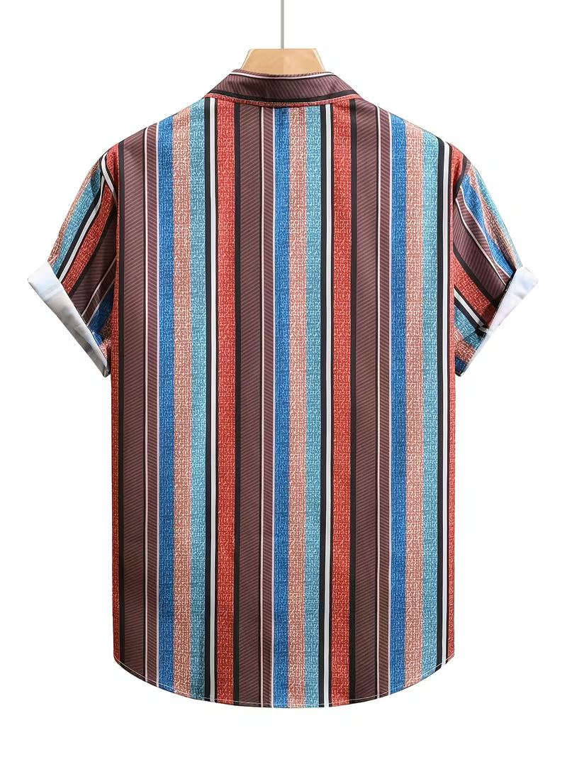 A short-sleeve button-up shirt with a vertical striped pattern in red, blue, brown, and white, hanging on a wooden hanger against a plain white background.