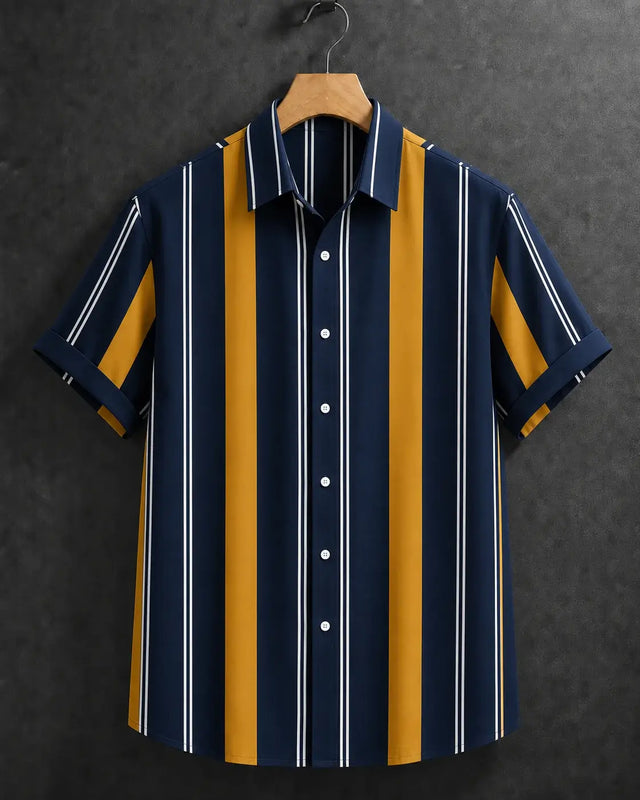 A short-sleeve button-up shirt with vertical navy blue, mustard yellow, and white stripes, hanging on a wooden hanger against a dark textured background.