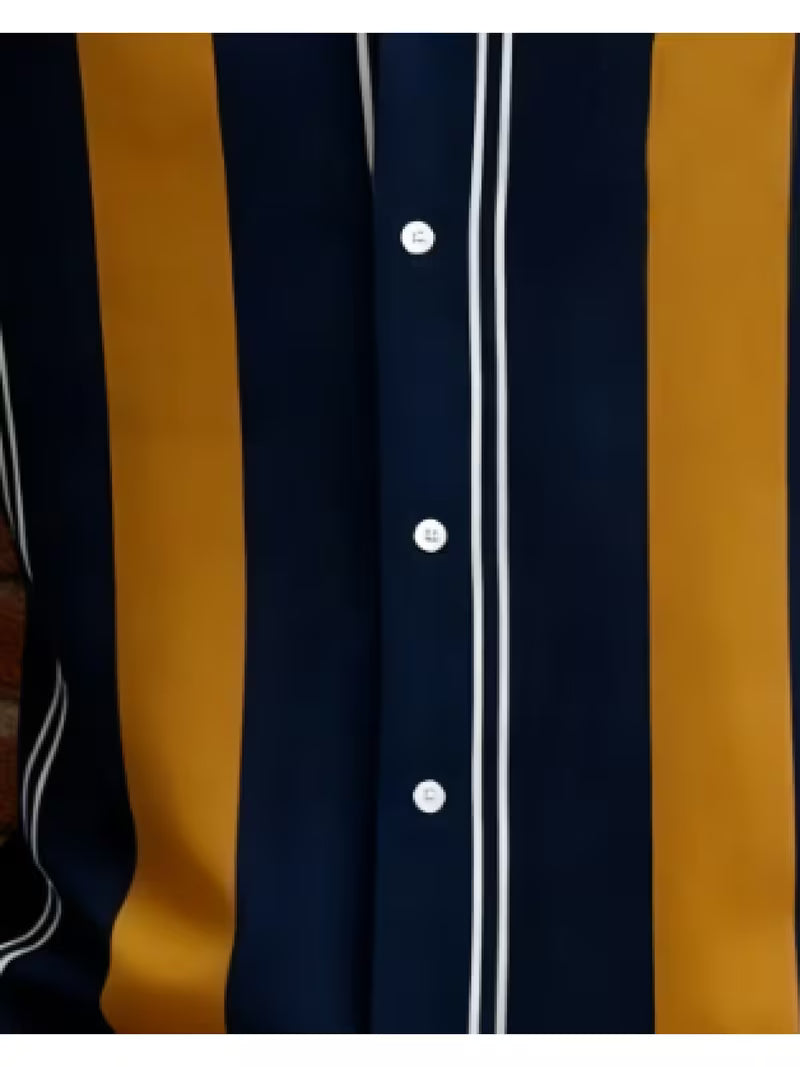Close-up of a button-front shirt with vertical stripes in navy blue, mustard yellow, and thin white pinstripes.