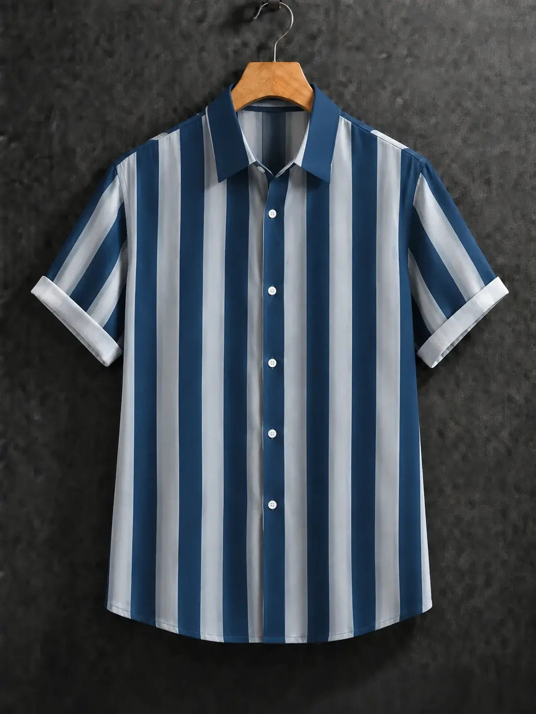 A men's short-sleeve button-up shirt with vertical blue and white stripes, hanging on a wooden hanger against a dark textured background.