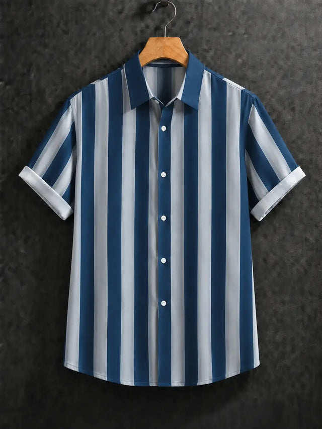 A men's short-sleeve button-up shirt with vertical blue and white stripes, hanging on a wooden hanger against a dark textured background.