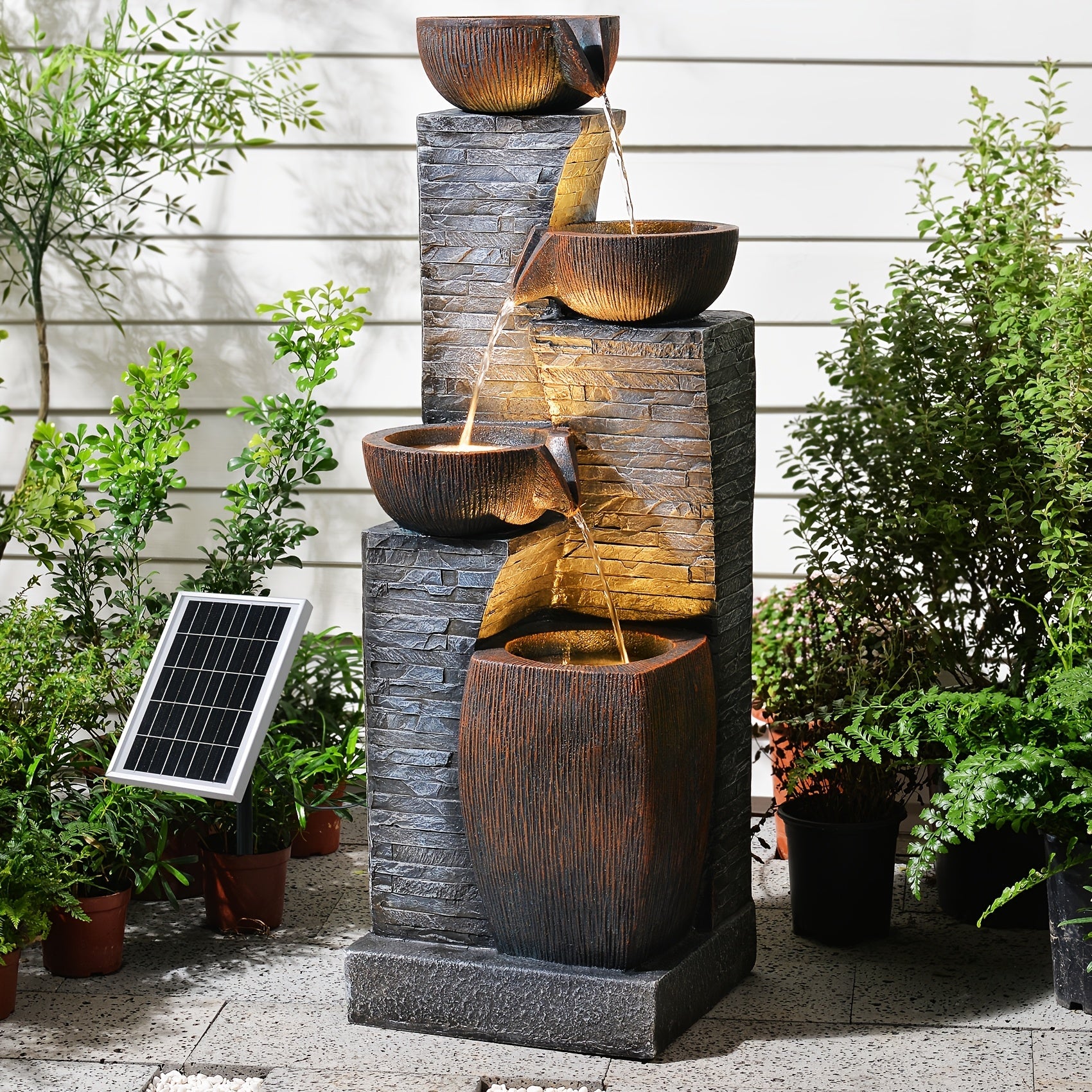 38.2" Tall Solar Water Fountain Outdoor Garden, 4 Tiers Modern Cascading Bowls And Stacked Stones Solar Powered Fountains with LED Lights for Garden, Patio, Deck, Porch, Backyard, Lawns