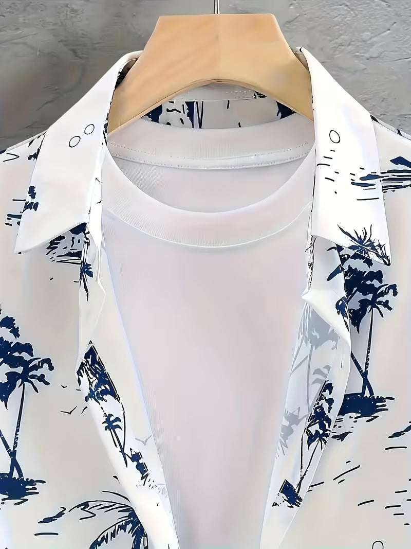 3 Pack Men's Tropical Floral & Palm Tree Print Short Sleeve Shirts - Casual, Comfortable Summer Button-Up Dress Shirts in Blue, White, & Beige