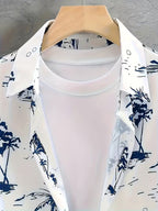 3 Pack Men's Tropical Floral & Palm Tree Print Short Sleeve Shirts - Casual, Comfortable Summer Button-Up Dress Shirts in Blue, White, & Beige