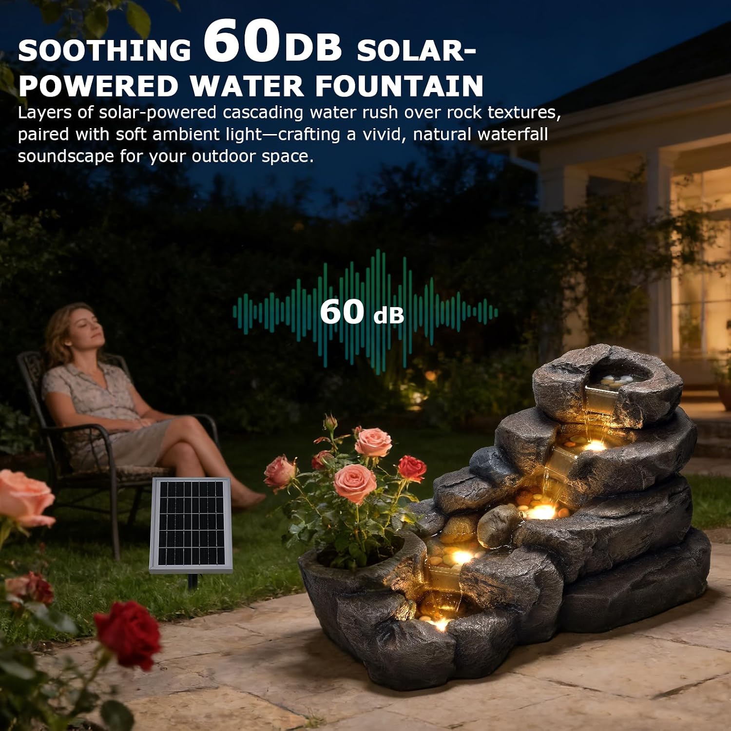 38.2-inch-long Solar Fountain Outdoor Garden 5-tier Freestanding Rock Waterfall Fountain Features LED Lighting And Planting Basin Ideal for Patios, Porches, Backyards, And Home Decor.