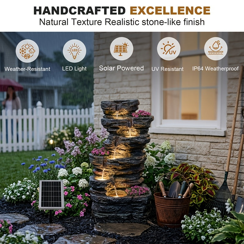 6-Tier Solar Outdoor Water Fountain, 32.7" H Rock Cascading Waterfall with IP68 Pump And LED Lights, Outdoor Water Feature for Garden, Porch, Deck & Backyard Landscaping.