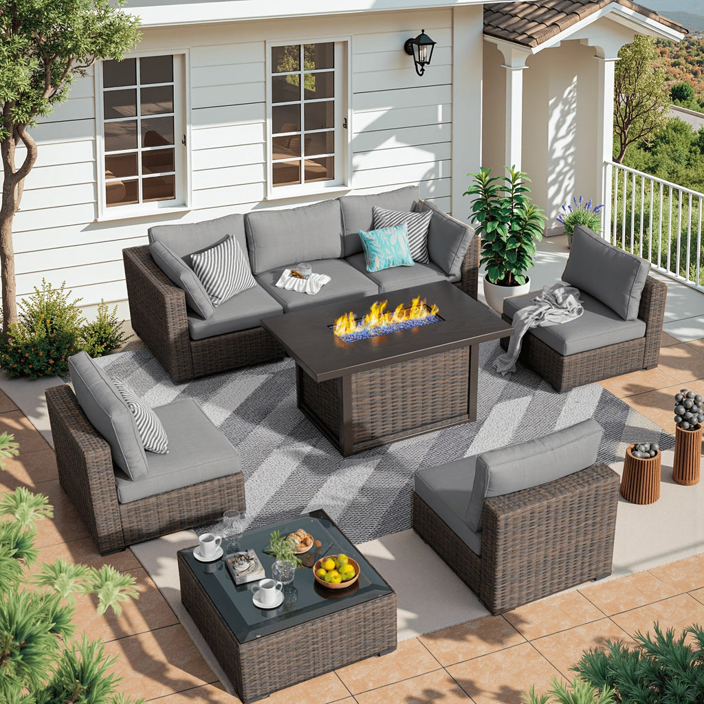 8pcs Patio Furniture Set with Fire Pit Table, Outdoor Sectional Sofa PE Rattan, Patio Conversation Sets with Cushions for Garden Lawn Balcony Porch Deck