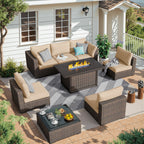 A 8-piece outdoor patio conversation set with a sectional sofa, two armchairs, a loveseat, and a square fire pit table, arranged on a patterned rug in front of a white house.