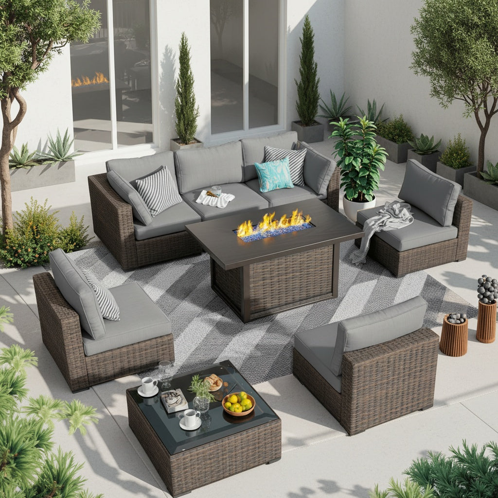 A 8-piece outdoor patio conversation set with a fire pit table, arranged on a gray and white striped rug in a modern patio setting with potted plants and a white building in the background.