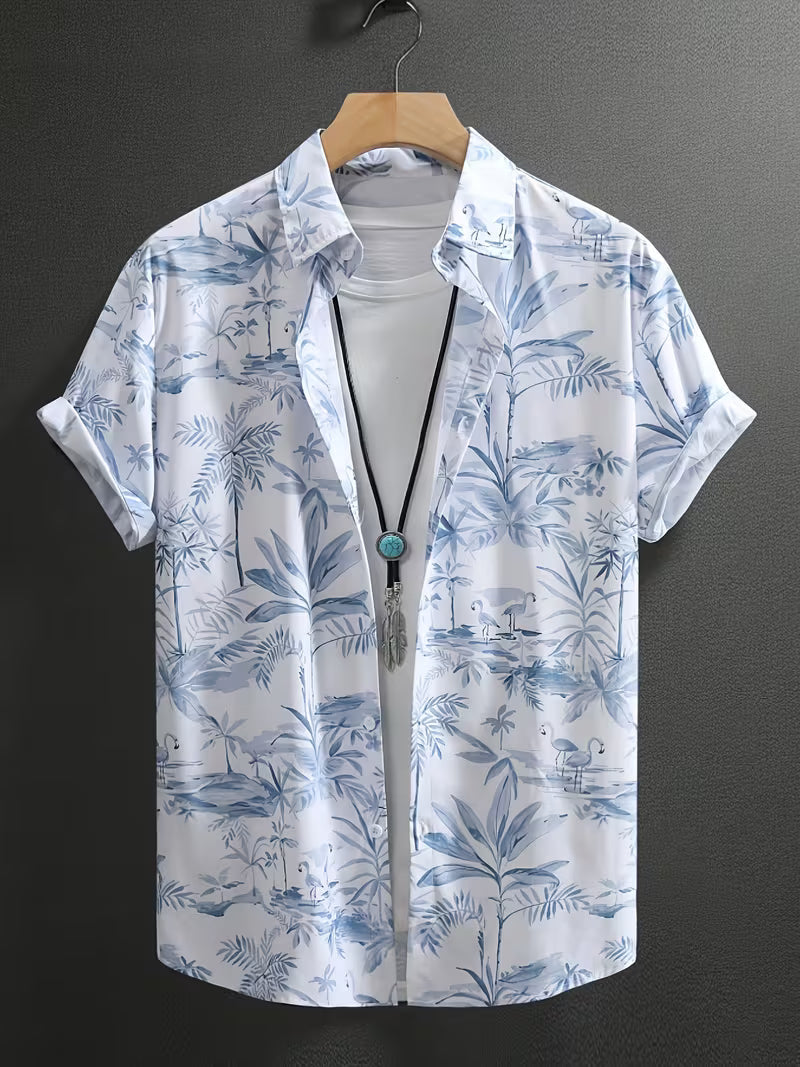 Men’s Blue Tropical Botanical Print Short Sleeve Button-Up Camp Shirt