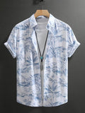 Men’s Blue Tropical Botanical Print Short Sleeve Button-Up Camp Shirt