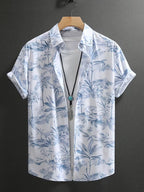 Men’s Blue Tropical Botanical Print Short Sleeve Button-Up Camp Shirt