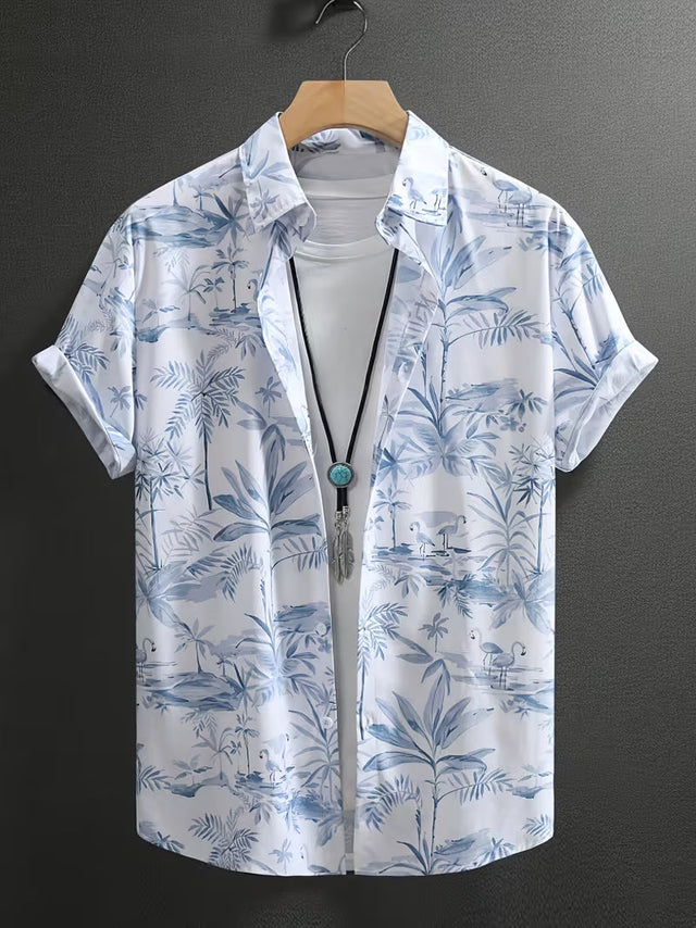Men’s Blue Tropical Botanical Print Short Sleeve Button-Up Camp Shirt