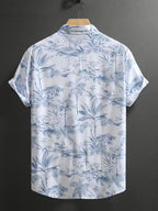 Men’s Blue Tropical Botanical Print Short Sleeve Button-Up Camp Shirt