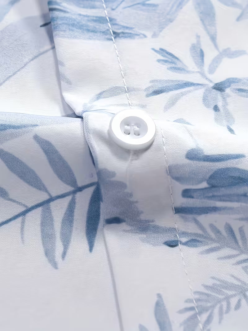 Men’s Blue Tropical Botanical Print Short Sleeve Button-Up Camp Shirt