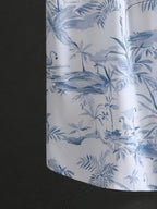 Men’s Blue Tropical Botanical Print Short Sleeve Button-Up Camp Shirt