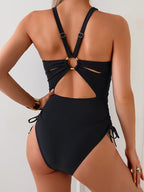 Midnight Coast - Women’s Black Ruched Halter Neck Push-Up One-Piece Swimsuit
