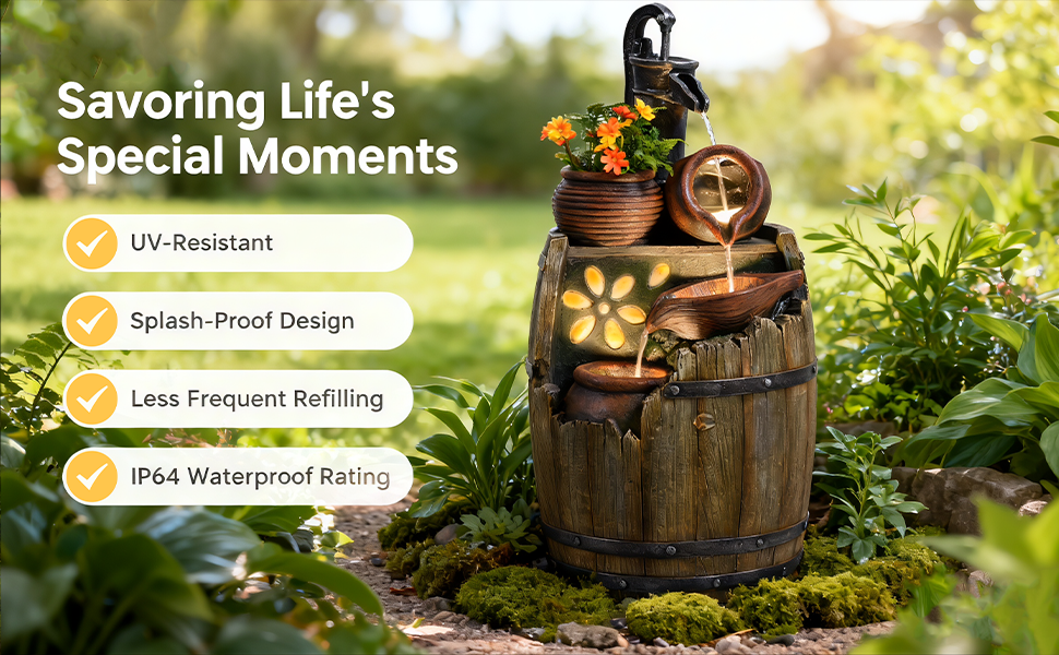 A rustic wooden barrel fountain with a small flower pot and water spout, placed outdoors in a garden setting. Text on the left reads 'Savoring Life's Special Moments' with feature callouts: UV-Resistant, Splash-Proof Design, Less Frequent Refilling, and IP64 Waterproof Rating.
