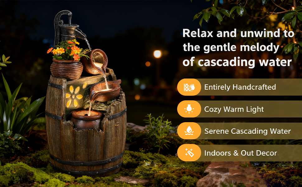 A decorative outdoor fountain made from a wooden barrel with multiple tiers of cascading water, small flower pots, and warm glowing lights, shown at night in a garden setting with marketing text on the right.