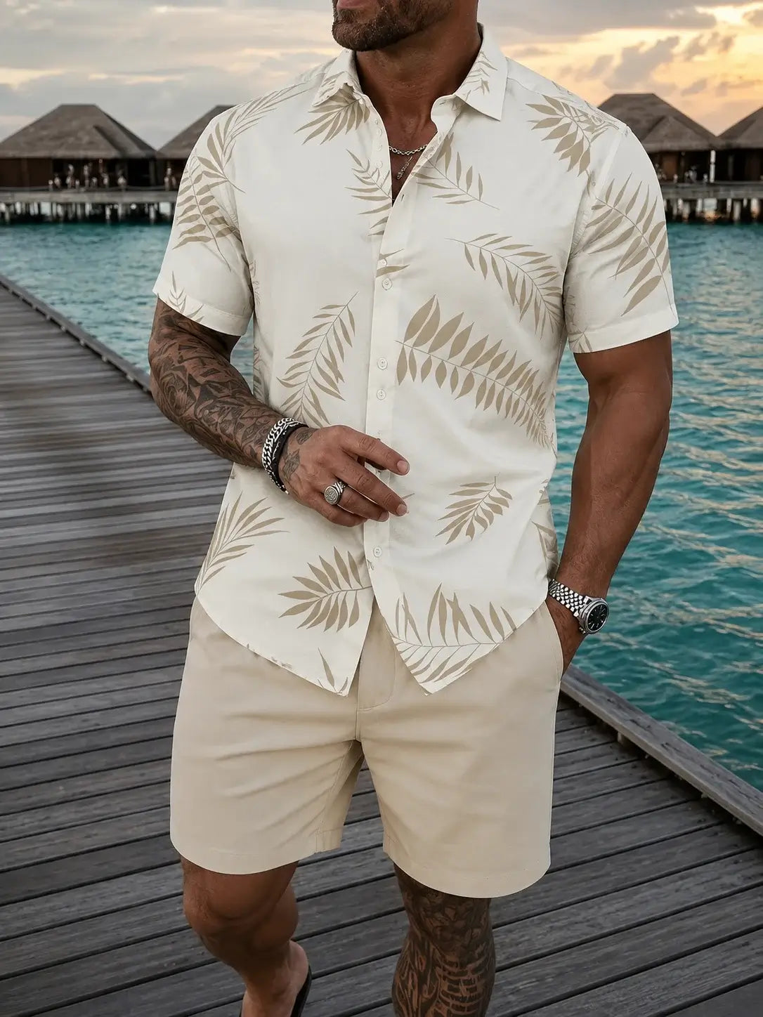 A man wearing a cream short-sleeve button-up shirt with a beige palm leaf pattern and matching beige shorts, standing on a wooden boardwalk next to turquoise water with overwater bungalows in the background.