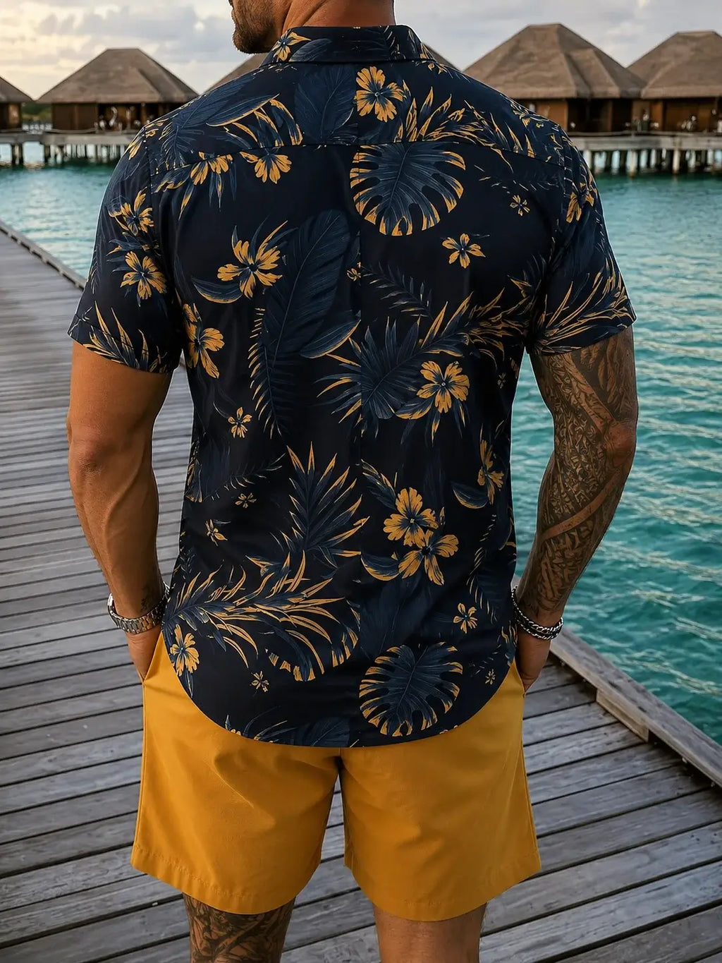 A man viewed from behind wearing a navy blue short-sleeve button-up shirt with a yellow tropical floral and palm leaf print, paired with mustard yellow shorts, standing on a wooden boardwalk next to overwater bungalows and turquoise water.