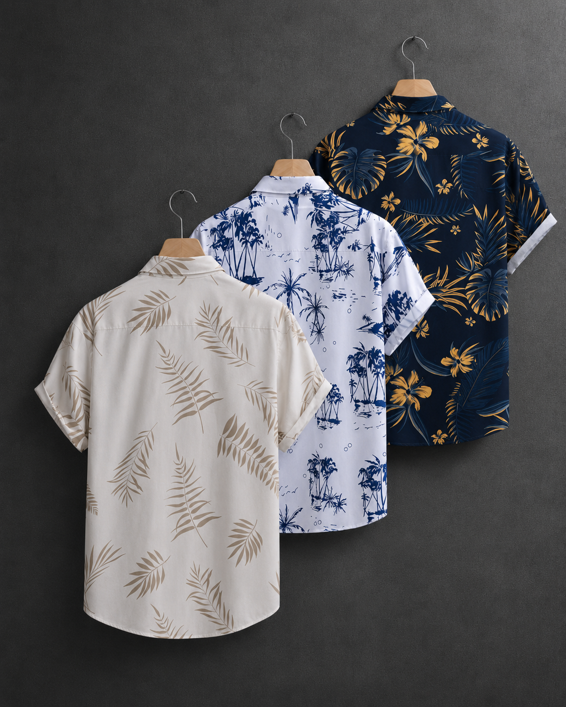 3 Pack Men's Tropical Floral & Palm Tree Print Short Sleeve Shirts - Casual, Comfortable Summer Button-Up Dress Shirts in Blue, White, & Beige