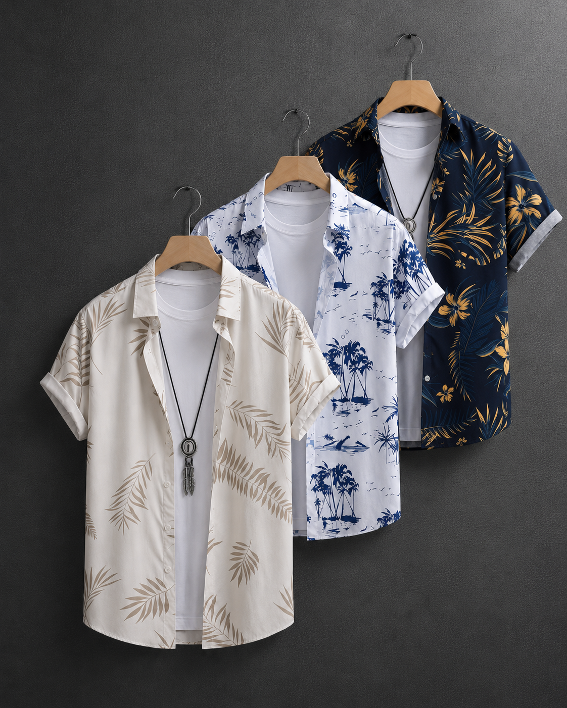 3 Pack Men's Tropical Floral & Palm Tree Print Short Sleeve Shirts - Casual, Comfortable Summer Button-Up Dress Shirts in Blue, White, & Beige