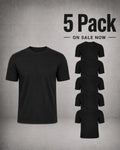 A black short-sleeve crew-neck t-shirt is shown prominently on a textured gray background, with a large text overlay reading '5 Pack ON SALE NOW' and five smaller duplicate views of the shirt arranged vertically on the right.