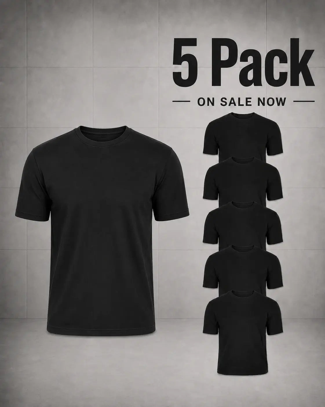A black short-sleeve crew-neck t-shirt is shown prominently on a textured gray background, with a large text overlay reading '5 Pack ON SALE NOW' and five smaller duplicate views of the shirt arranged vertically on the right.