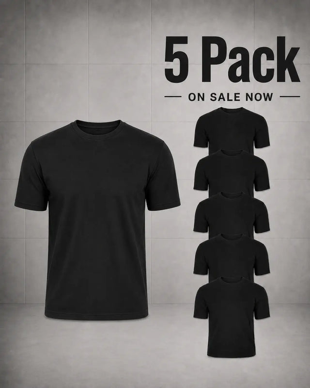 A black short-sleeve crew-neck t-shirt is shown prominently on a textured gray background, with a large text overlay reading '5 Pack ON SALE NOW' and five smaller duplicate views of the shirt arranged vertically on the right.