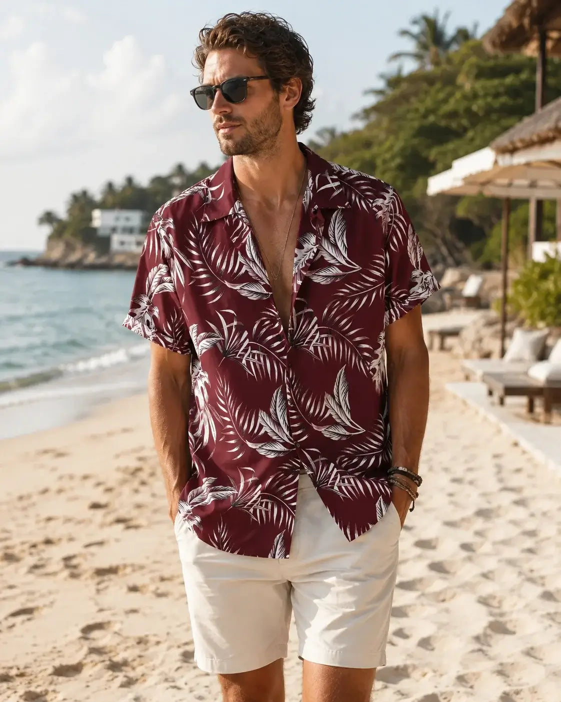 A man wearing a burgundy short-sleeve button-up shirt with a white palm leaf pattern, styled with off-white shorts on a sandy beach.