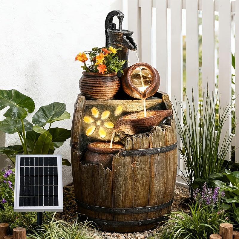 Solar Water Fountain Outdoor Rustic Pump And Barrel, 4 Tiered Cascading Bowl Solar Powered Water Fall Fountains Outside Feature With LED Lights For Garden, Patio, Porch, Backyard Decor
