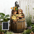 Solar Water Fountain Outdoor Rustic Pump And Barrel, 4 Tiered Cascading Bowl Solar Powered Water Fall Fountains Outside Feature With LED Lights For Garden, Patio, Porch, Backyard Decor