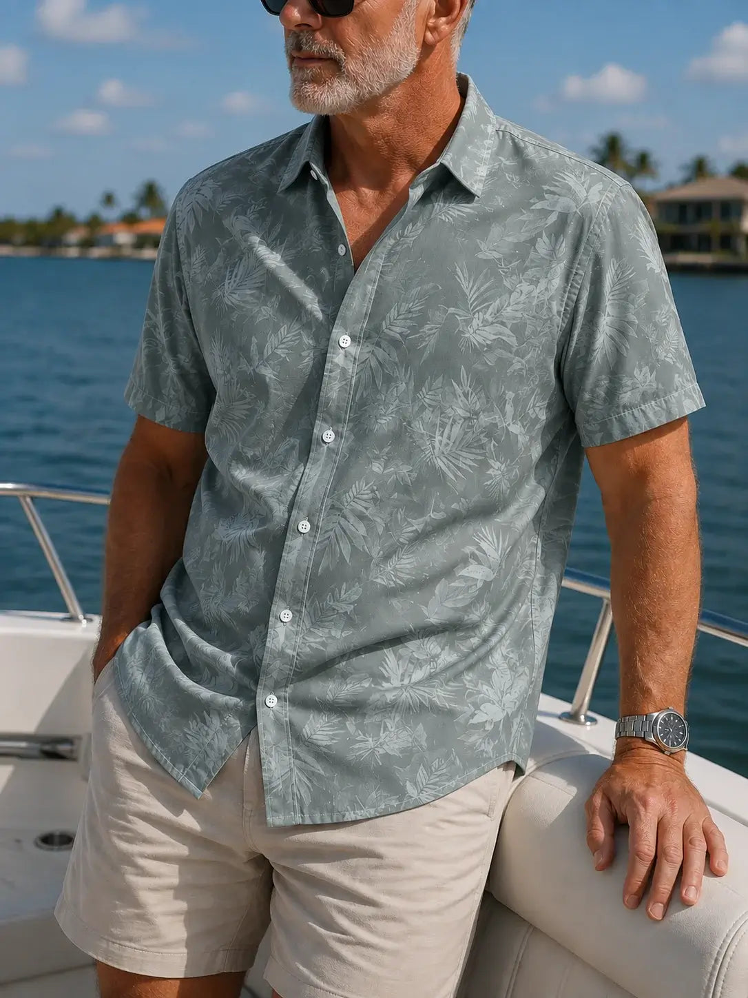 A man wearing a light blue-green short-sleeve button-up shirt with a white tropical leaf pattern, paired with beige shorts, sitting on a boat with water and a distant shoreline in the background.