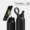Black magnetic bottle with a flip-up lid and a smartphone mounted on the side, shown on a light gray background with text noting a included magnet for non-Iphone users.