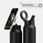 Black magnetic bottle with a flip-up lid and a smartphone mounted on the side, shown on a light gray background with text noting a included magnet for non-Iphone users.
