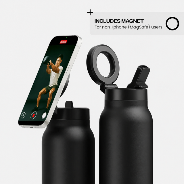 Black magnetic bottle with a flip-up lid and a smartphone mounted on the side, shown on a light gray background with text noting a included magnet for non-Iphone users.