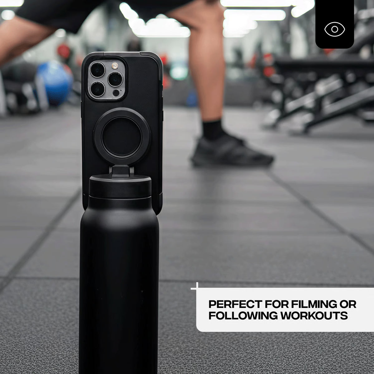 Black phone case with a water bottle holder on a gym floor.