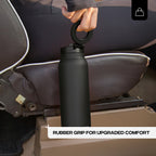 Black water bottle with rubber grip held by a person in a vehicle seat.
