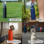 A four-panel collage showing a reusable bottle with a built-in phone holder in different real-world scenarios: playing golf, hiking, on an airplane, and recording a game. The bottle is shown in black, navy blue, orange, and off-white, with a smartphone inserted in each panel.