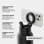 Black water bottle with a white phone case featuring MagSafe certification on a white background.