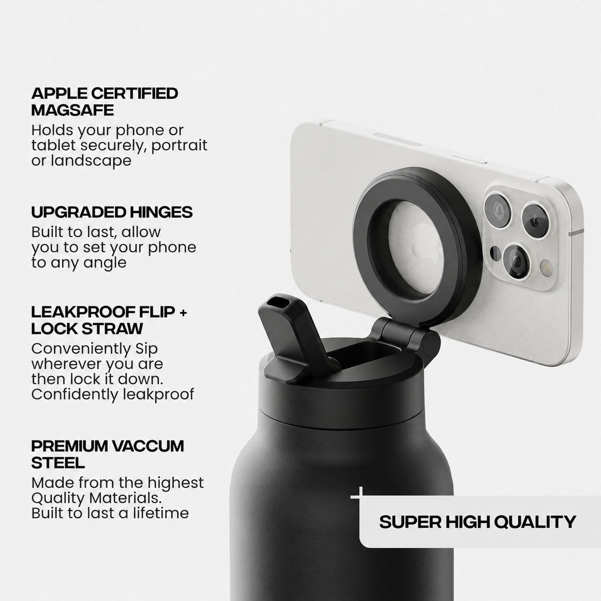 Black water bottle with a white phone case featuring MagSafe certification on a white background.