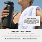 A woman outdoors holding a matte black magnetic water bottle with a white towel over her shoulder. The image includes marketing text and a review badge, with a white lower section reading '300,000+ CUSTOMERS' and feature callouts for the bottle.